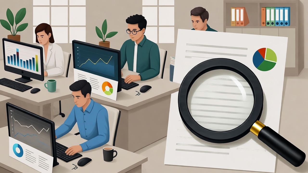 Office team analyzing data on computer screens with charts and graphs, focusing on financial reports and business performance metrics, while a large magnifying glass highlights document review and data analysis for strategic decision-making.